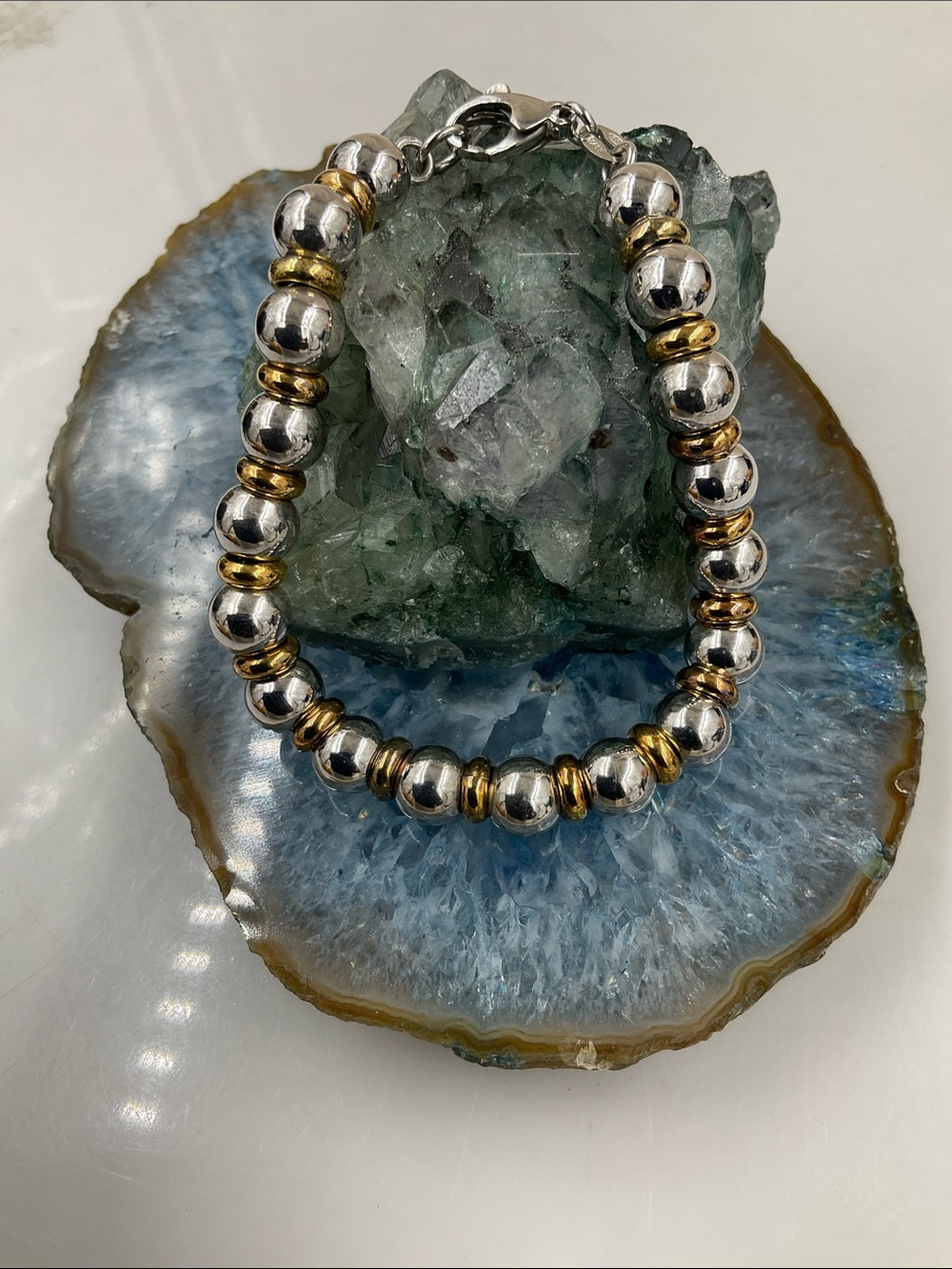 Ross¥Simons 7 1/2” Sterling Silver Beads (7mm) W/24K YellowGold Bracelet (925)